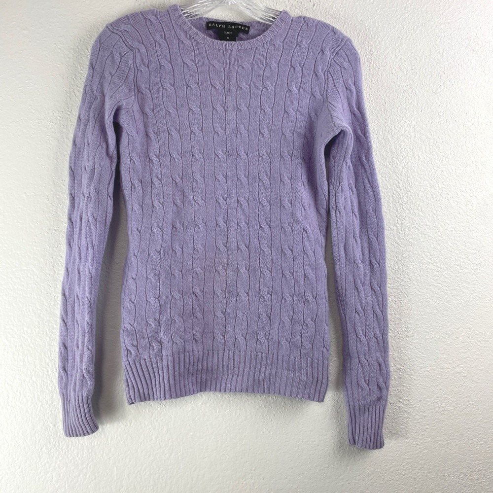 Ralph Lauren Black Label Cashmere Cable Knit Sweater Medium Purple Slim Fit